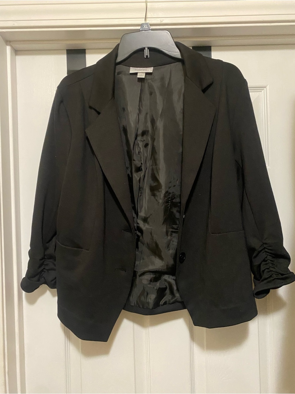 dressbarn Black Ruched Sleeve Single-Button Blazer